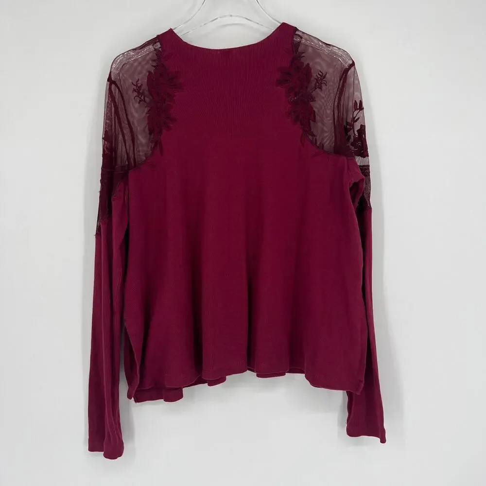 Free People Top Womens S Daniella Red Ribbed Mesh Floral‎ Shoulder Embroidered